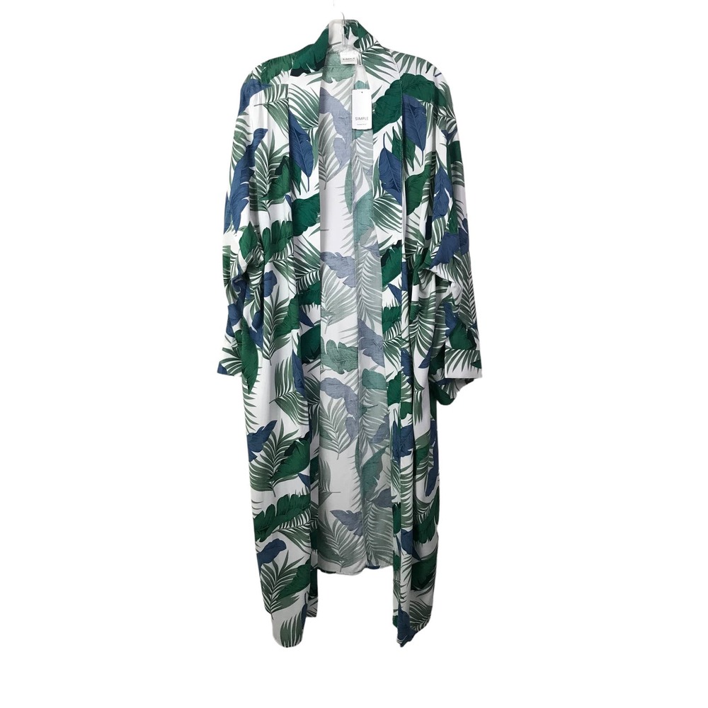 Simple Kaftan Women Cover-Up Green Blue Tropical Leaf Print Open Front M NWT $86